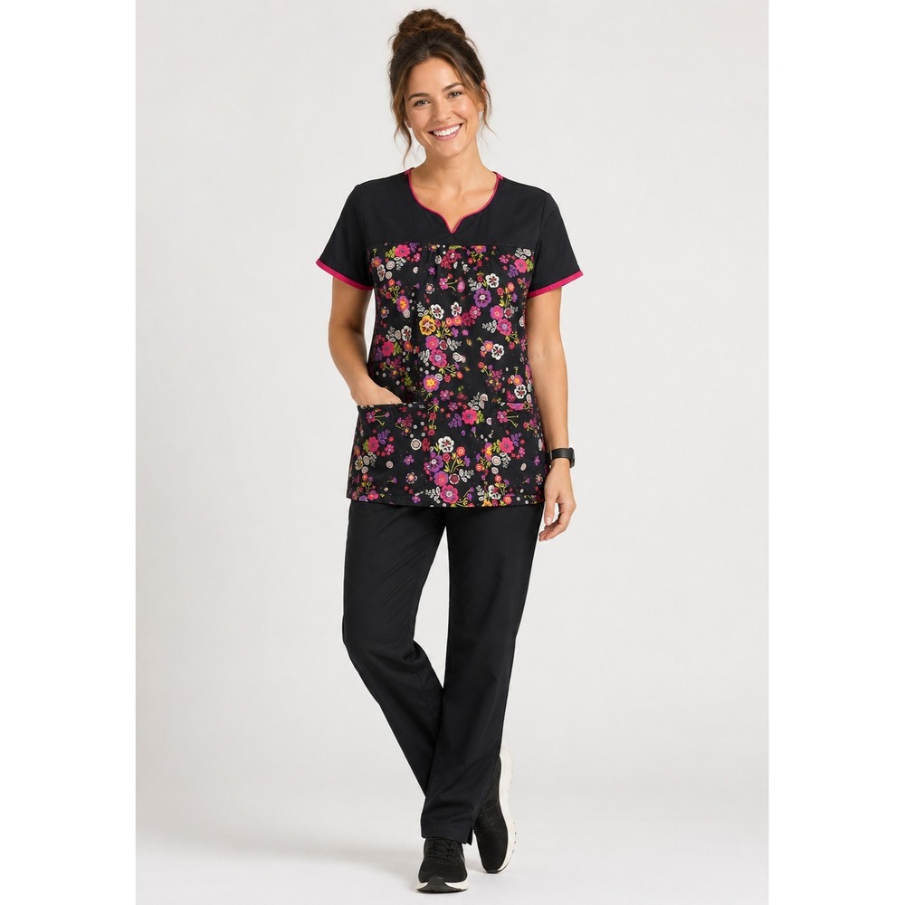 UA Scrubs Medical Scrub Top Womens XS Black Floral Print Cotton Blend Pockets